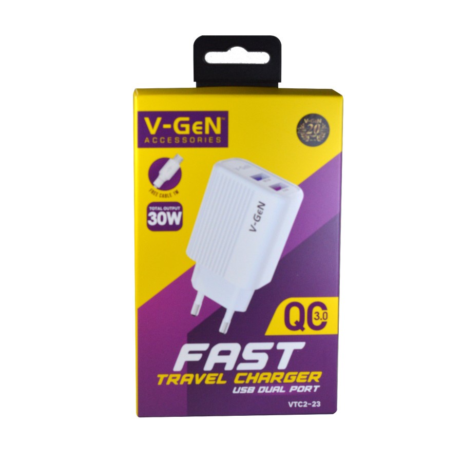 Adaptor Charger V-GeN VTC2-23 Fast Charging QC3.0 Dual Port USB 30W
