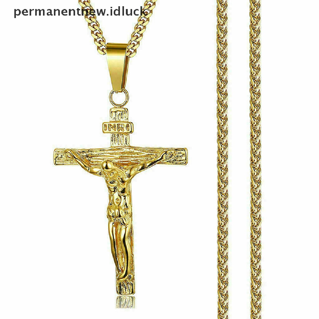 [luckypermanentnew] Pria Perak Stainless Steel Yesus Kristus Salib Salib Liontin Kalung Rantai [ID]