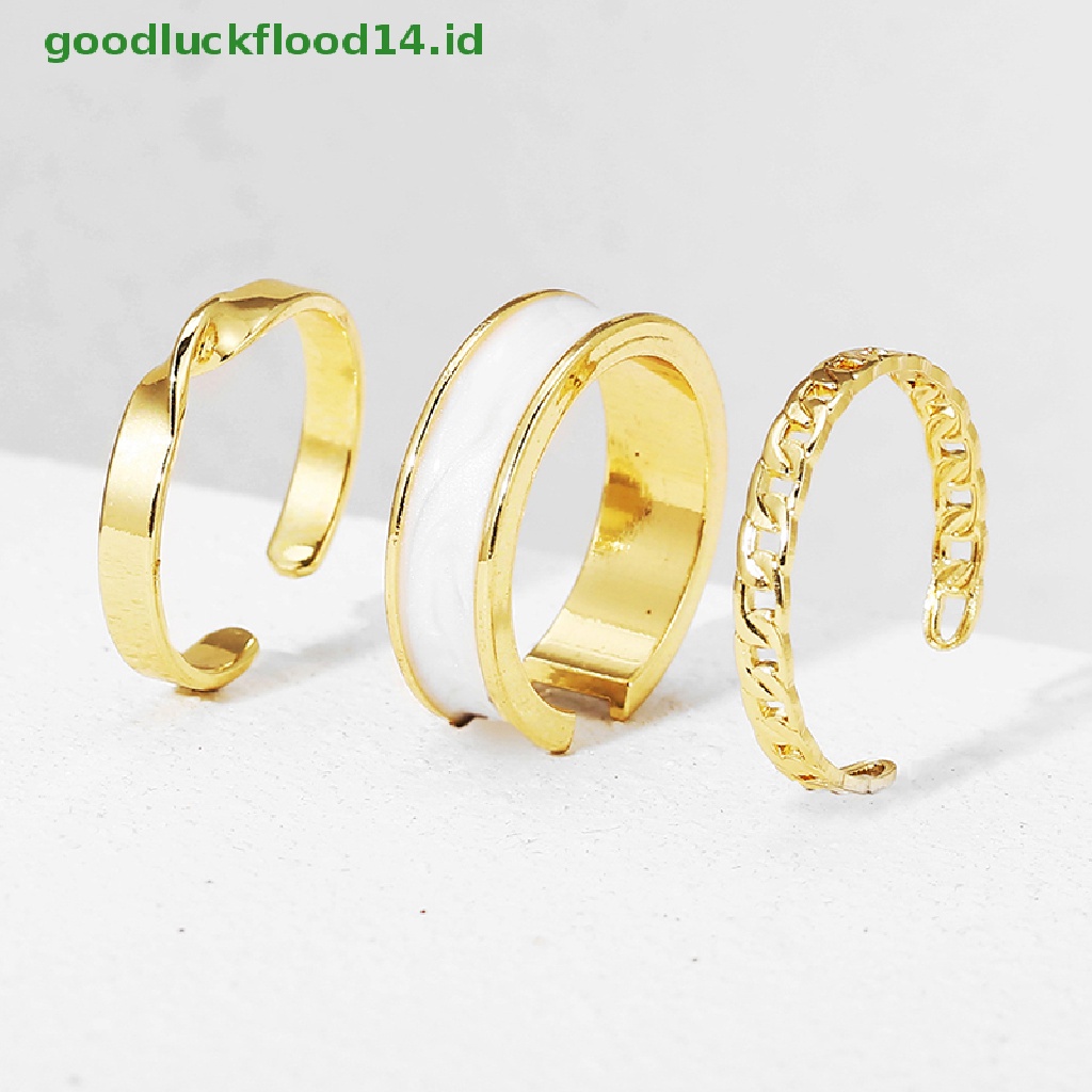 [GOOGFOUR] 3pcs/set Enamel Jantung Cincin Korea Fashion Mutiara Cincin Untuk Wanita Geometris Tidak Teratur Bentuk Rantai Pembukaan Cincin Set Buku Jari Perhiasan [TOP]