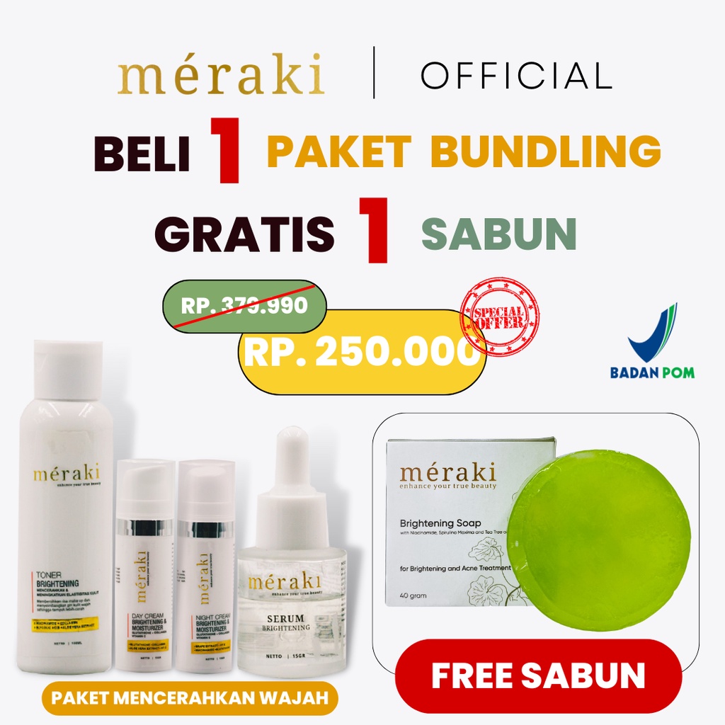 [𝐂𝐥𝐞𝐚𝐫𝐚𝐧𝐜𝐞 𝐒𝐚𝐥𝐞] [BELI 1 PAKET GRATIS 1 SABUN] Meraki Skincare - Paket Mencerahkan Wajah [Toner, Ser