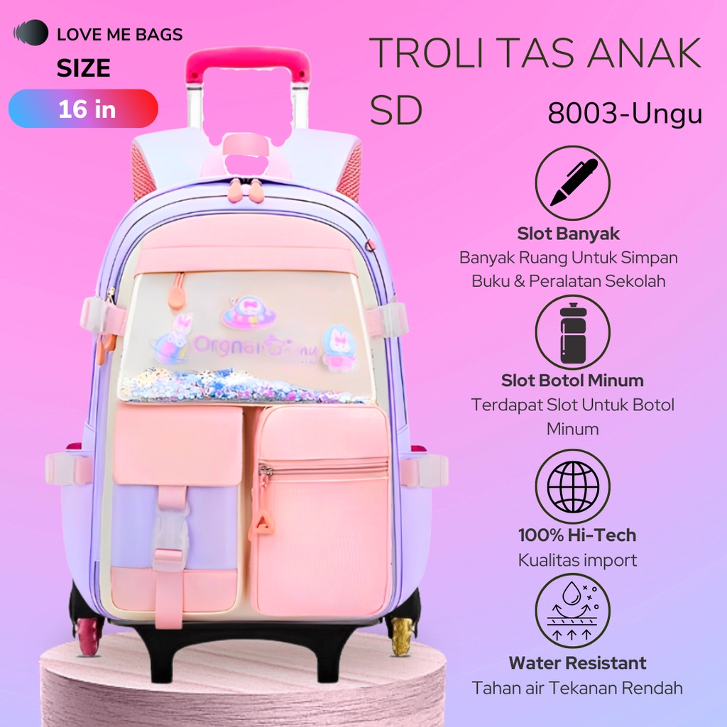 Tas Troli Roda 3 Anak Sekolah Perempuan SD Remaja Import Bisa Lepas Pasang Bahan Parasut Import Tebal Gratis Raincover