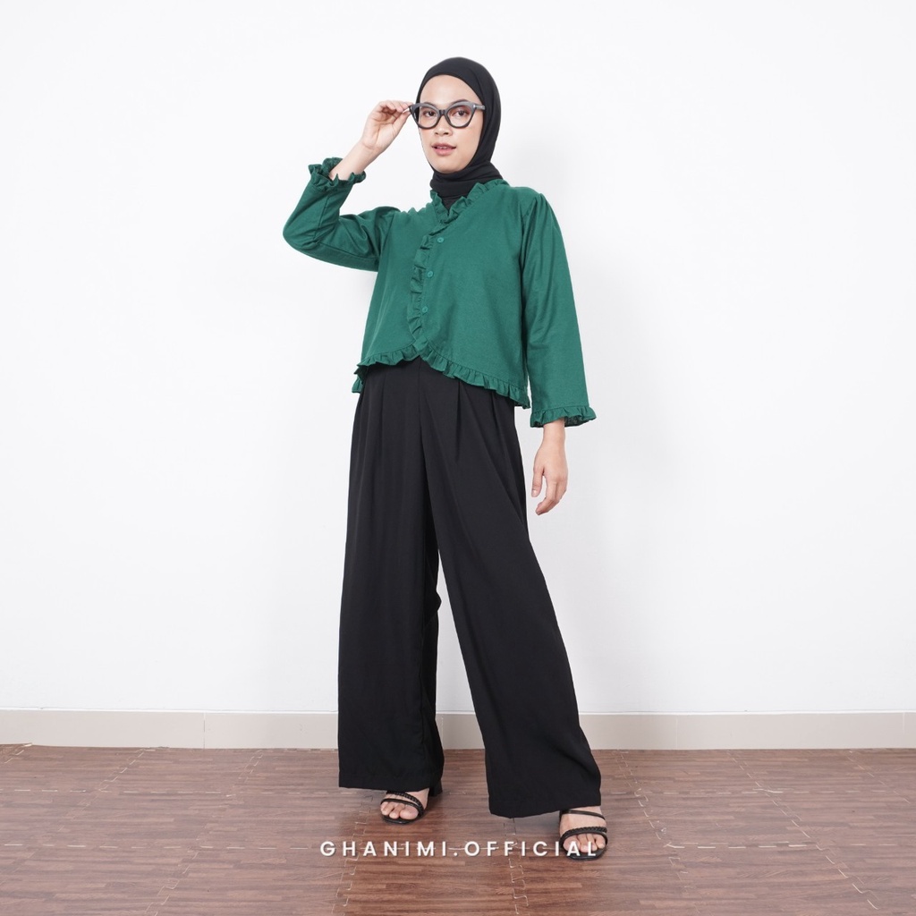 Ghanimi - Minji Shirt / Kemeja Linen Rami Polos / kemeja kerja kancing busui friendly / kemeja kerja kekinian korean style / kemeja katun polos lengan panjang ruffle