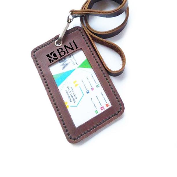 

~ name tag id kulit asli logo bank bni warna coklat - tali id card Trend !