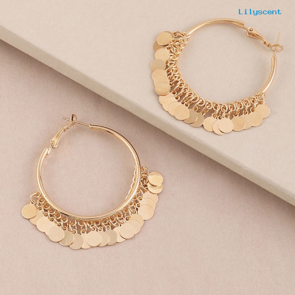 [LS] 1pasang Anting Hoop Paduan Warna Solid Bulat Rumbai Sequin Club Earrings Perhiasan Pesta