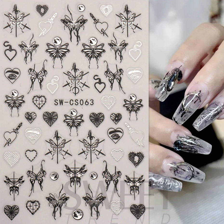 [Harga Grosir] 1lembar 3D Metalik Shiny Glitter Butterfly Ink Desain Bulan Gaya Gelap Hitam Stiker Kuku Charms Heart Lock Sword Nail Art Manicure Tool