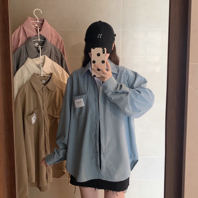 Kemeja Korduroi Korean Vintage Jacket Chic Kemeja Wanita Loose Atasan Lengan Panjang
