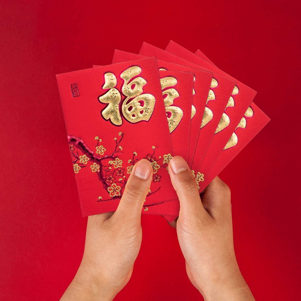 Angpao Hoki 1 Set Isi 6 Pcs Bahan Tebal Embos Emas Ukuran Pendek Netral FU Fuk Hok Merah Hong Bao Chinese Red Envelopes Angpau Imlek Amplop Lunar Envelope Ampau Ampao