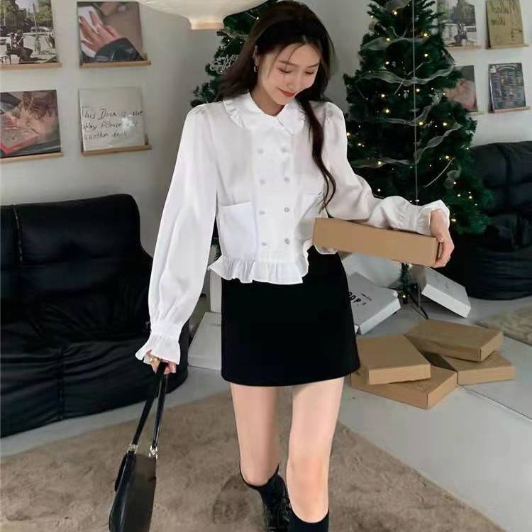 Red 2022 musim semi baru putih mengacak-acak kemeja boneka Perancis kerah pinggang ramping kemeja wanita trendi