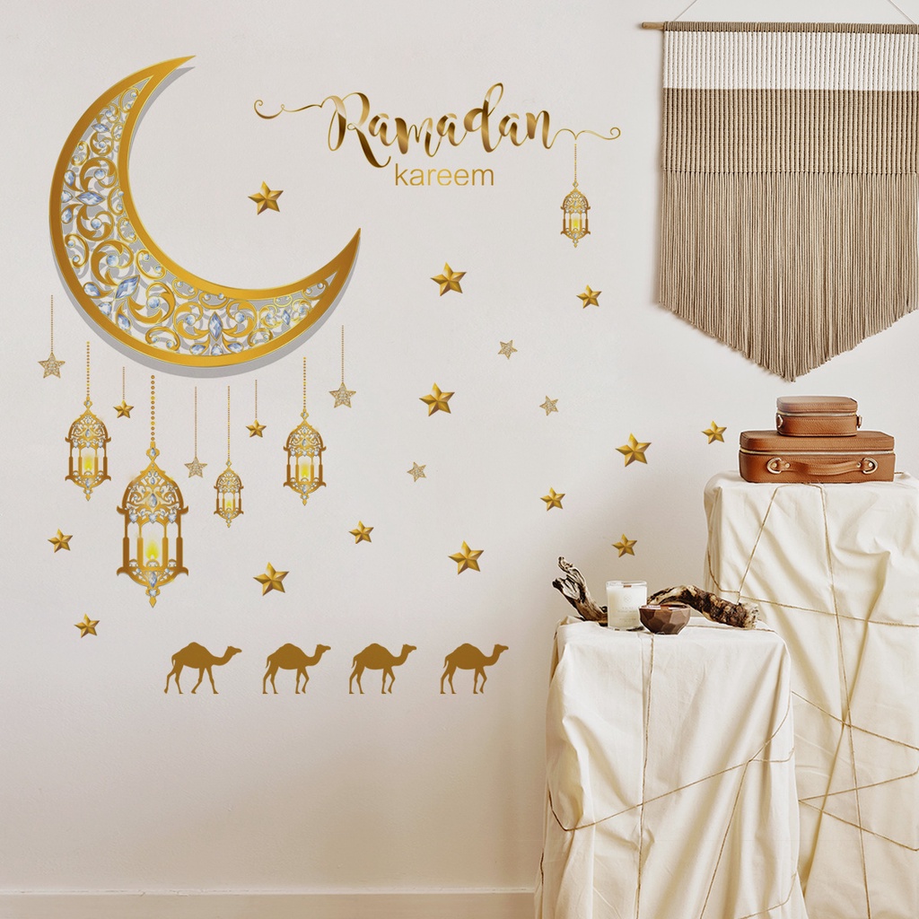 Ramadhan Lebaran Stiker Dinding Festival Pesta Dekorasi Perlengkapan Bulan Bintang Lentera Dinding Decal Self-adhesive Diukir Wallpaper Tahan Debu Dekorasi Seni Indoor