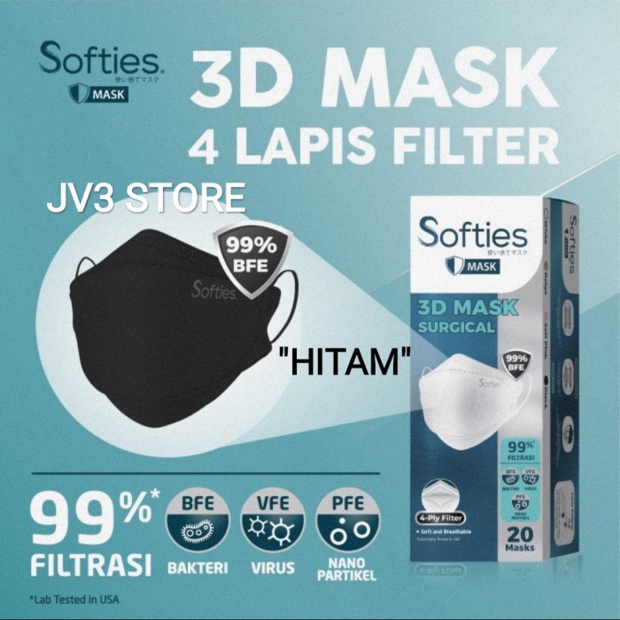 (BISA COD) Softies 3D Surgical Mask KF94 Masker Surgical Softies KF 94 Masker 3D - Hitam