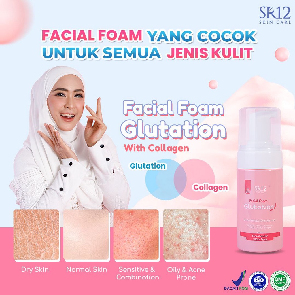 Sabun Wajah Glowing Cleansing Foam / Facial Foam SR12 Glutation With Collagen / Sabun Muka Collagen Pemutih Pencerah Wajah Semua Jenis Kulit 100ml