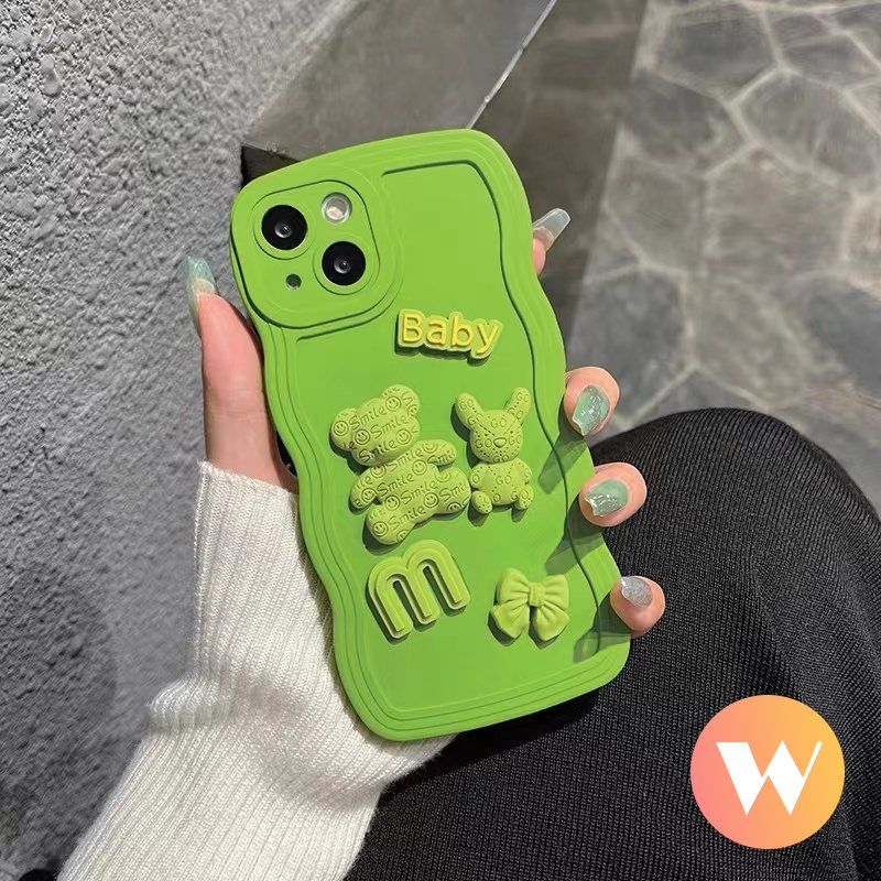 Case Warna Permen Padat Sederhana Kompatibel Untuk iPhone 7Plus 8 14 Plus 11 13 12 14 Pro Max X XR XS Max Boneka 3D Mewah Kartun Beruang Lucu Busur Tepi Bergelombang Lembut Tpu Phone Cover