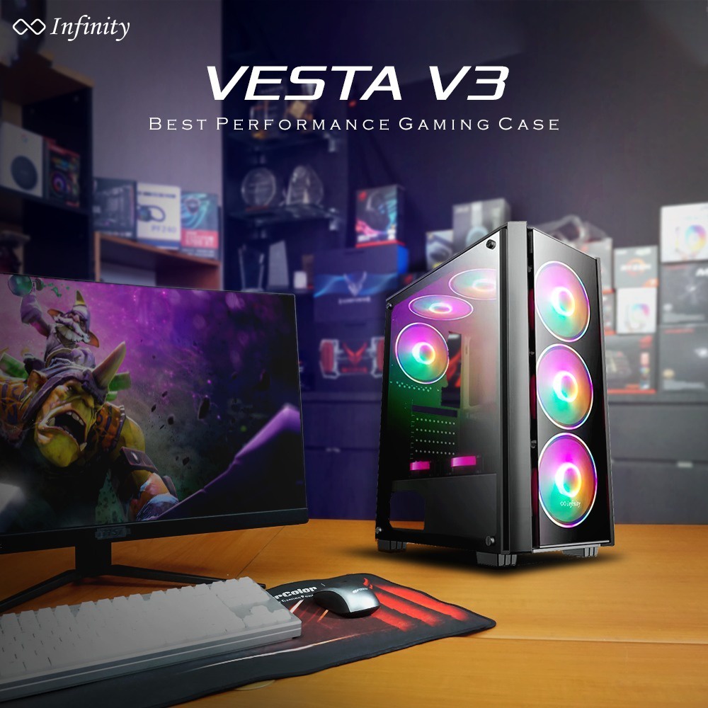 CASE INFINITY VESTA V3 + 4 FAN F121 | Tempered Glass Midle Tower Case