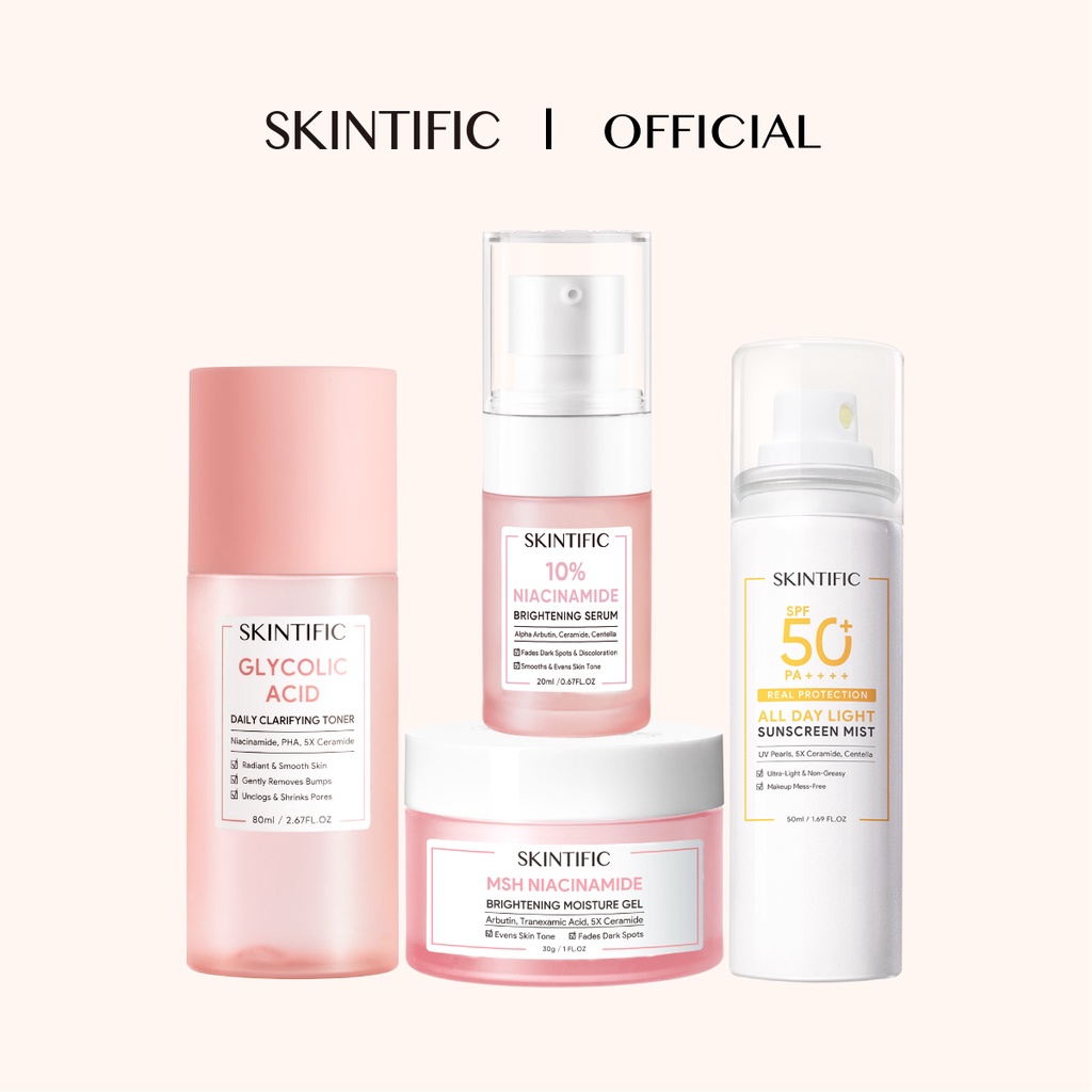 SKINTIFIC Skincare Set 4 PCS Niacinamide Moisturizer + Brightening
Serum + Glycolic Acid Toner + Sunscreen Spray