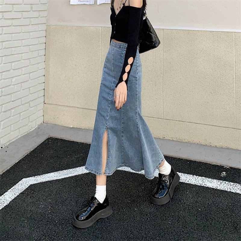 Rok denim panjang rok jeans kekinian 2023 rok fishtail stretch rok belah samping korean style 7 8 rok span