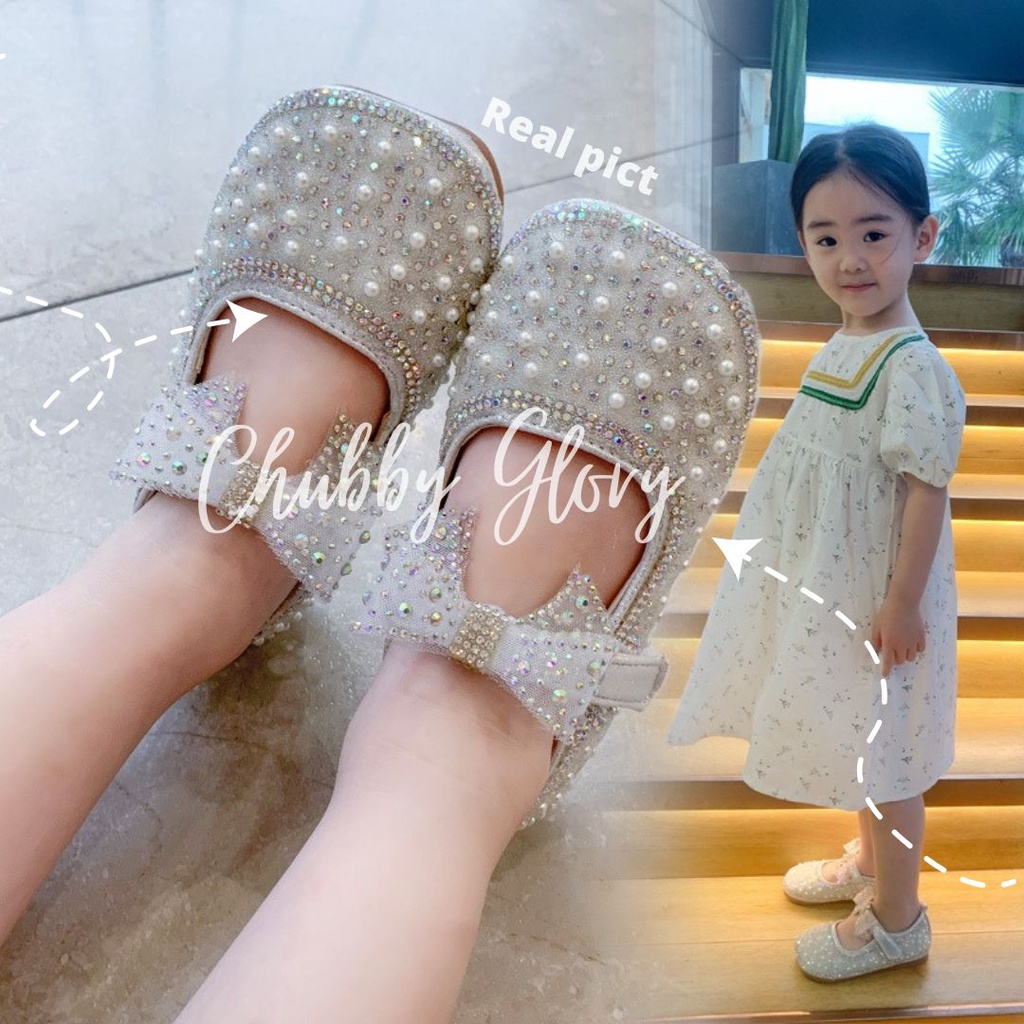 SH2264 Bisa COD Sepatu Flatshoes pesta anak Sepatu anak perempuan 2022 musim semi SIZE 21-35 mode baru berlian imitasi mutiara gadis kecil sepatu kulit putri ikatan simpul lucu trendi