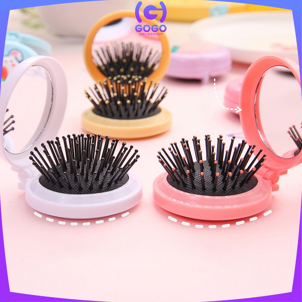 GOGO-C767 Cermin Sisir Bulat Lipat Kaca Ala Korea Sisir Compact 2IN1 Anti Kusut Motif Karakter Lucu / Sisir Lipat Bulat Cermin Portable