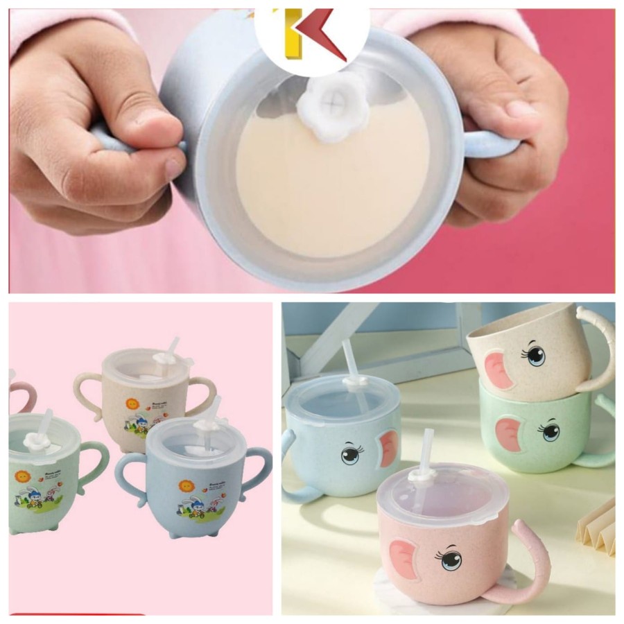 Gelas Jerami Mug / Gelas Minum Anak Anti Tumpah Bahan Jerami / Cangkir Bayi Karakter Bahan Jerami