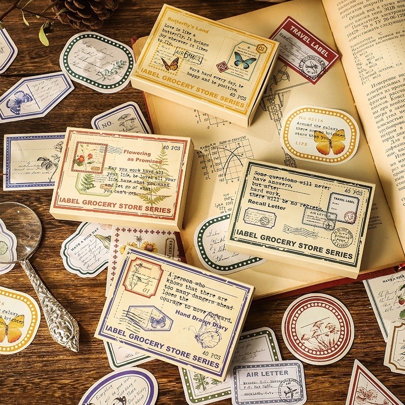 

40 Lembar Sticker Pack Vintage Label Retro Scrapbook Stiker Journal DI