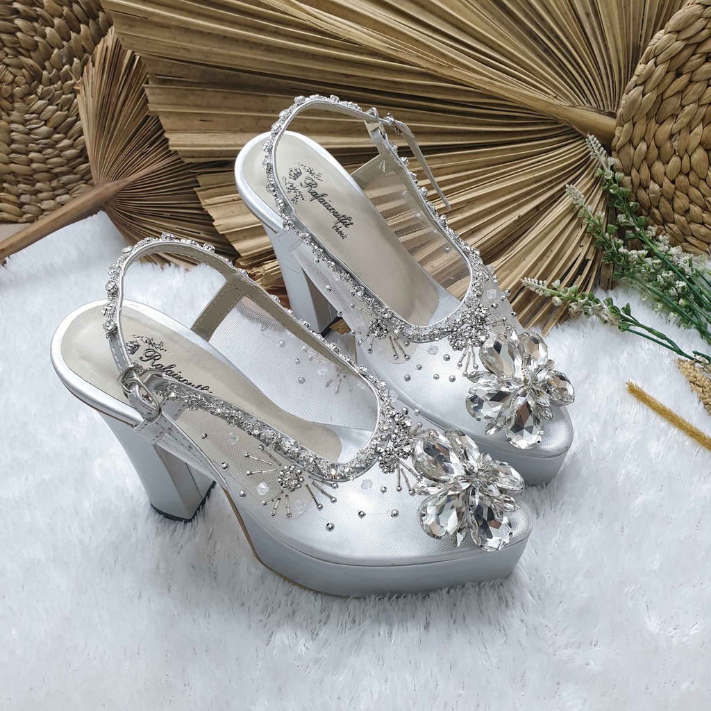 Sepatu wedding pesta cantik khansa silver payet mewah hal 12cm