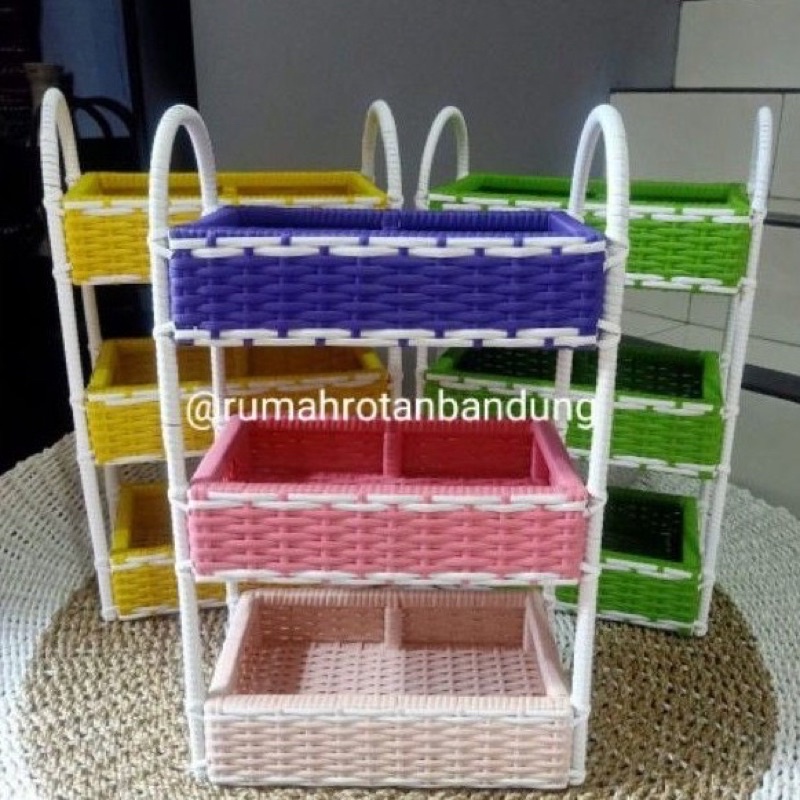keranjang rotan kotak 3 susun sintetis / rak bumbu dapur ukuran besar