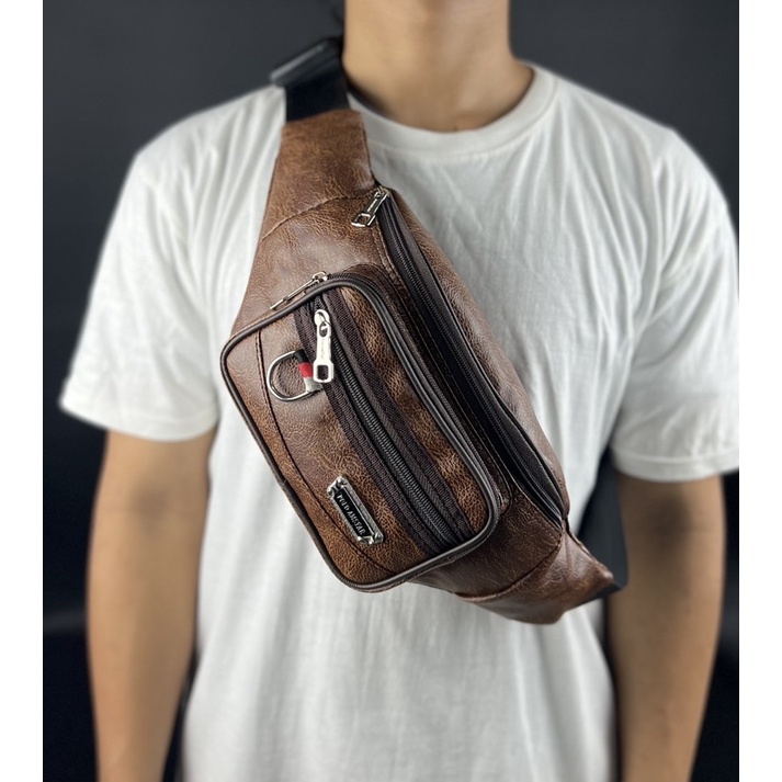 Tas Pria Terbaru Waistbag Polo Amstar Bahan Kulit PU Leather Waterproof Tas Pinggang Tas Selempang Bahu Tas Pria Dewasa Tas Selempang Terbaru 2023