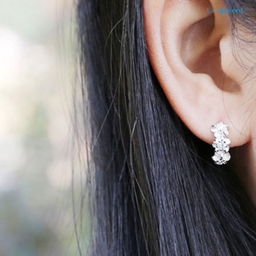 [LS] Anting Klip Telinga Hoop Wanita Berlian Imitasi Mengkilap Bunga Silver Plated Untuk Pesta