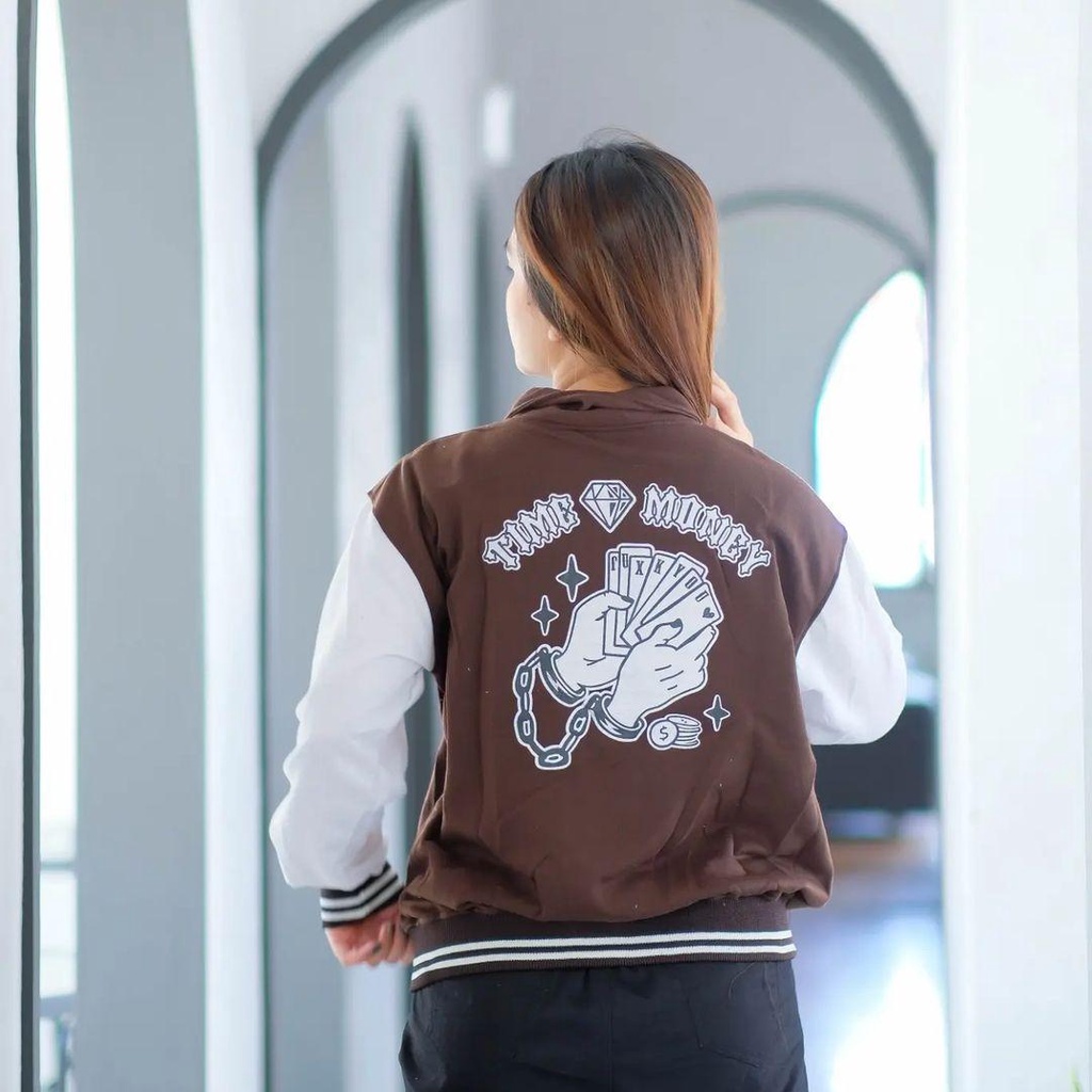 Jaket Varsity Baseball Base TIME MONEY bisa untuk Wanita/Pria