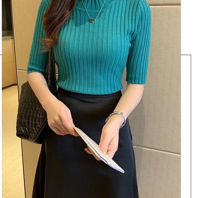 Depan Midi Turtleneck Premium Turtle Neck Lengan Pendek Atasan Baju Rajut Wanita Santana