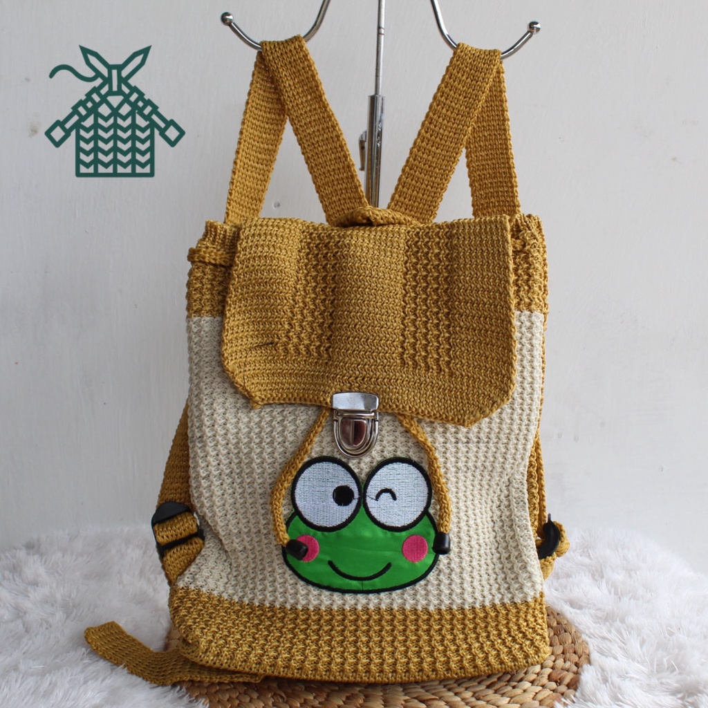 Tas gendong rajut murah berkualitas / tas punggung karakter keroppy rajutan murah / tas anak keropi