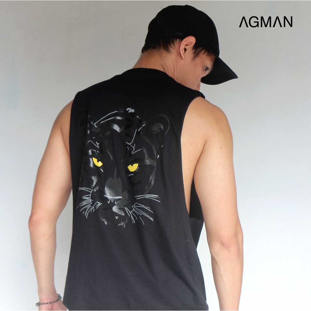 AGMAN Tank Top Low Cut Kaos Gym Fitness Pria Olahraga Variasi Panther Keren Terbaru