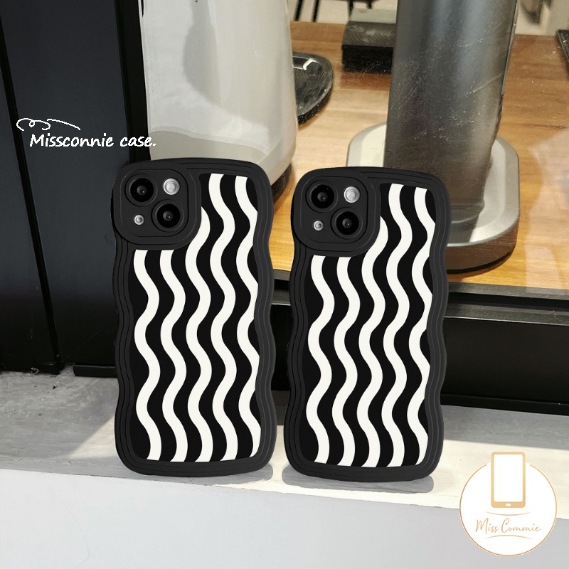 IPHONE Case Kompatibel Untuk Iphone6 6s 87 Plus 11 Pro Max XR X XS Max 12 14 13 Pro Max 14Plus SE 2020 Wavy Edge Fashion Hitam Putih Motif Gelombang Air Casing Ponsel TPU Lembut