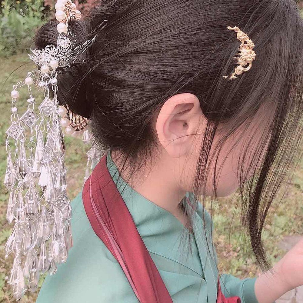 NEEDWAY Needway Cina Hanfu Rambut Klip Aksesoris Rambut Untuk Anak Perempuan Mutiara Manis Bergaya Hiasan Kepala Kupu-Kupu Rumbai U Bentuk Gadis Jepit Perak Duckbill Klip