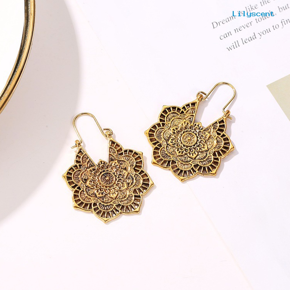 [LS] Vintage Wanita Berongga Keluar Ukir Bunga Menjuntai Leverback Earrings Perhiasan Hadiah