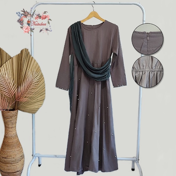Gamis Syari Wanita Bahan Wollycrepe Kombinasi selendang Ceruty Variasi Mutiara Long Dress Pesta Wanita Resleting Belakang Ada Karet Pinggang