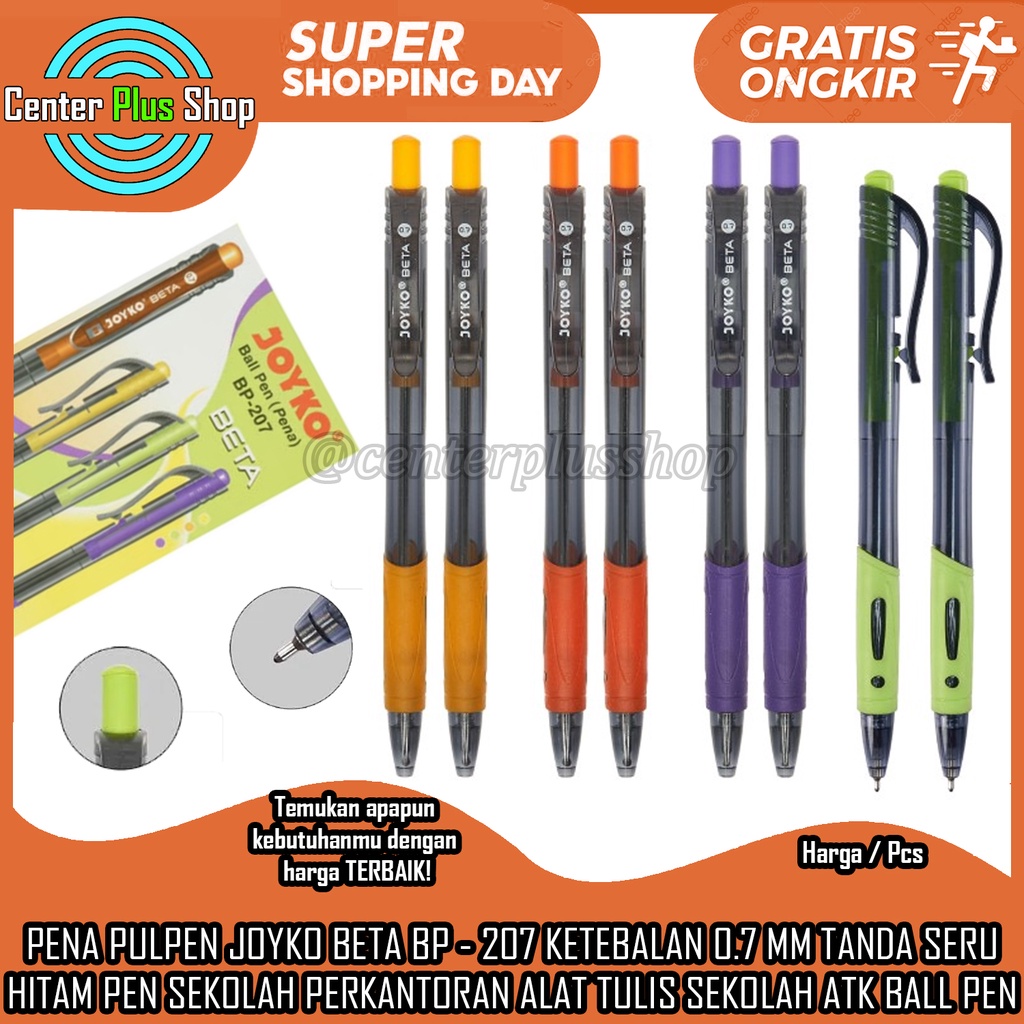 

PENA PULPEN JOYKO BETA BP - 207 DENGAN KETEBALAN MATA PENA 0.7 MM HITAM PER 1 PCS DAN 12 PCS PEN SARUNG TANDA SERU KEMASAN WARNA UNGU,HIJAU,KUNING DAN ORANGE BALLPOINT BOLPEN BOLLPOIN BALLPEN SEKOLAH PERTKANTORAN MENULIS MEKANIK CETAK CETEK PENHA