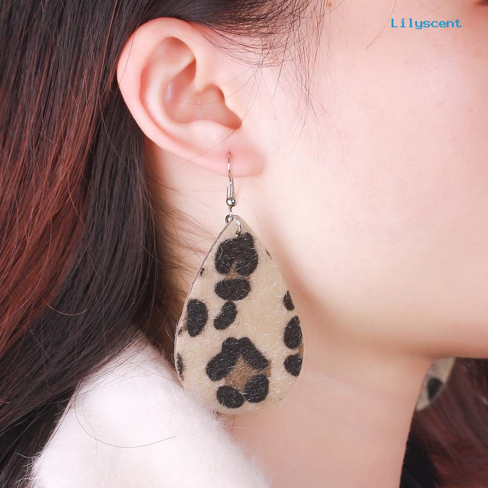 [LS] Wanita Leopard Print Teardrop Menjuntai Kulit Imitasi Kait Anting Perhiasan Hadiah