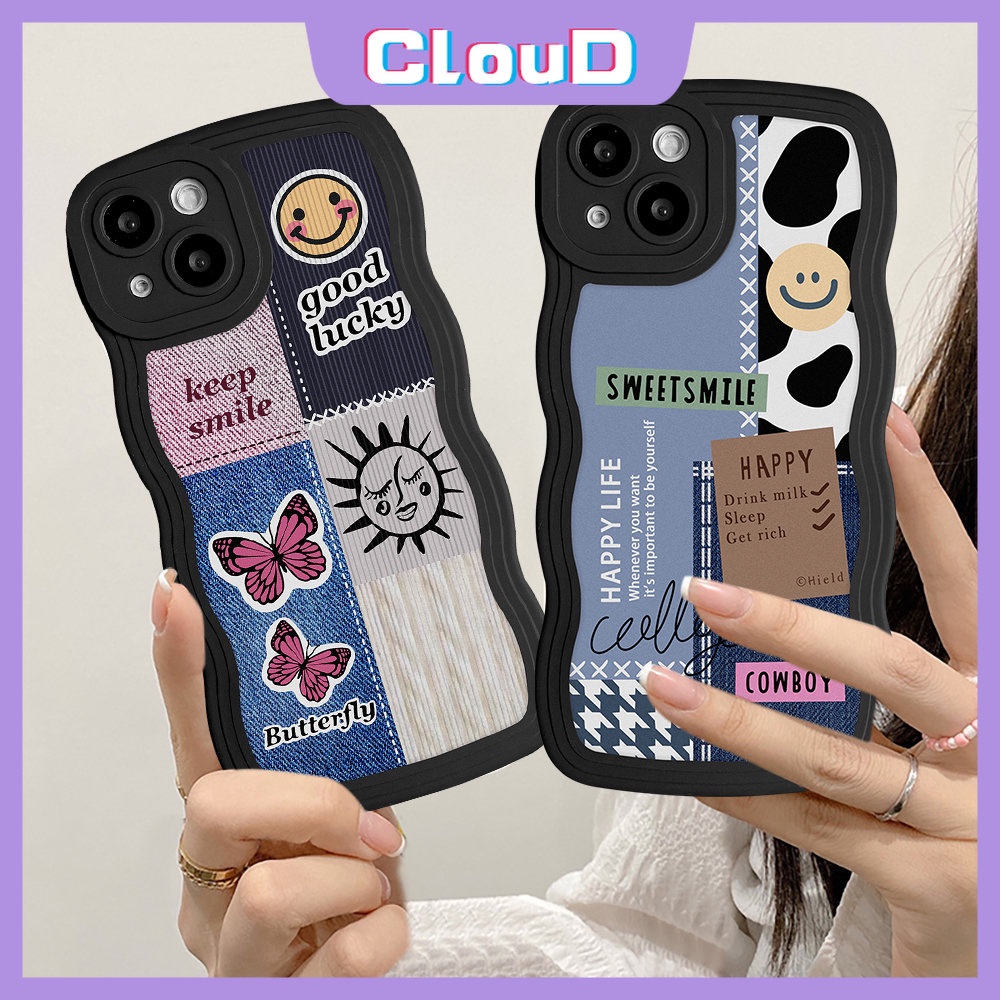 Case Samsung A14 A04s A13 A11 A04 A03s A52s A04E A50 A50s A12 A31 A22 M32 A20 A30s A33 A02s A23 A21s A52 A51 A53 M22 A32 Soft Smiley Butterfly Label Splice Pattern Penutup Tepi Bergelombang