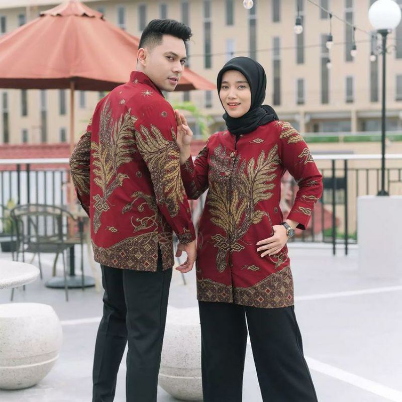 Batik pasangan couple sarimbit pria &amp; wanita batik bahan katun motif daun merah