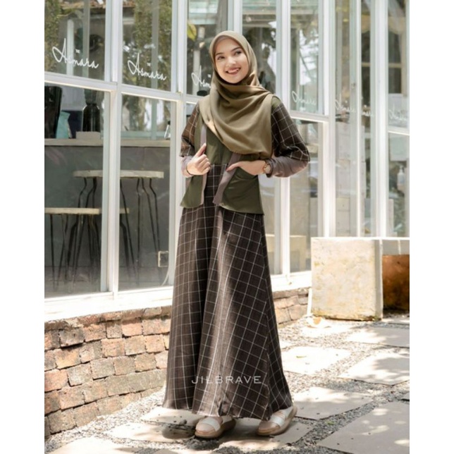 KYOKO DRESS JILBRAVE | Gamis Cute Model Kimono Motif Tartan Bahan Semiwool mix Katun Toyobo