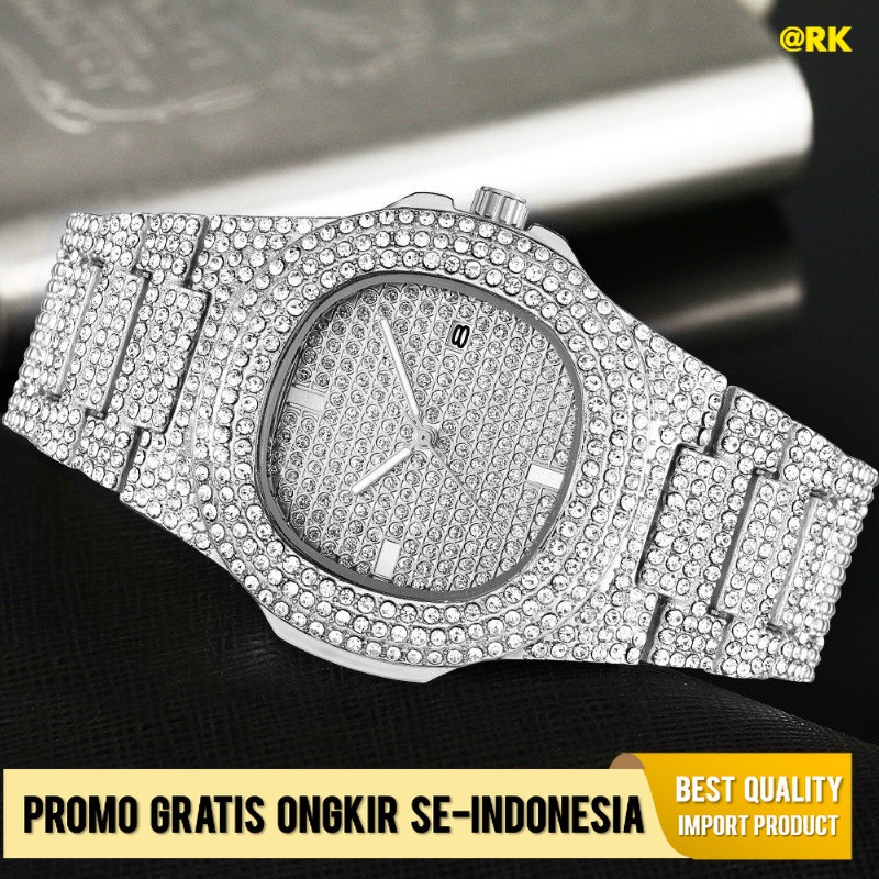Jam Tangan Dewasa HipHop Keren Hip Hop Berlian Watch Rap Pria Quartz Strap Kalender Berbintang Sabuk