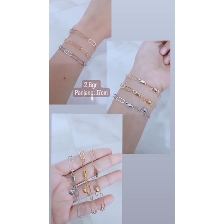 gelang rantai paperclip lebar + 1 bel / gelang perak asli silver 925 lapis emas/ gelang fashion wanita terbaru