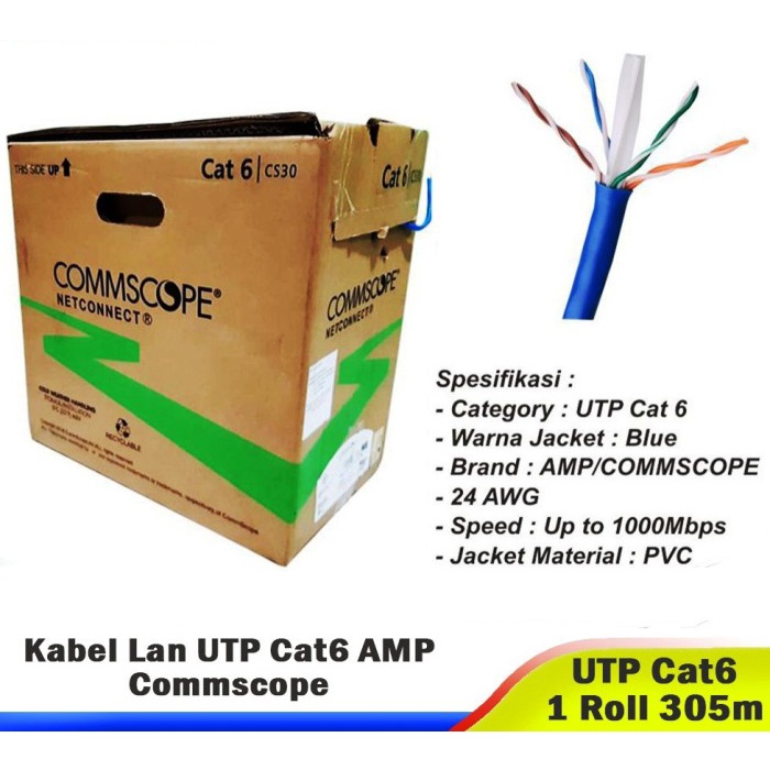 Kabel Lan Cat6 AMP Commscope ORIGINAL Meteran Cat 6 Biru Blue