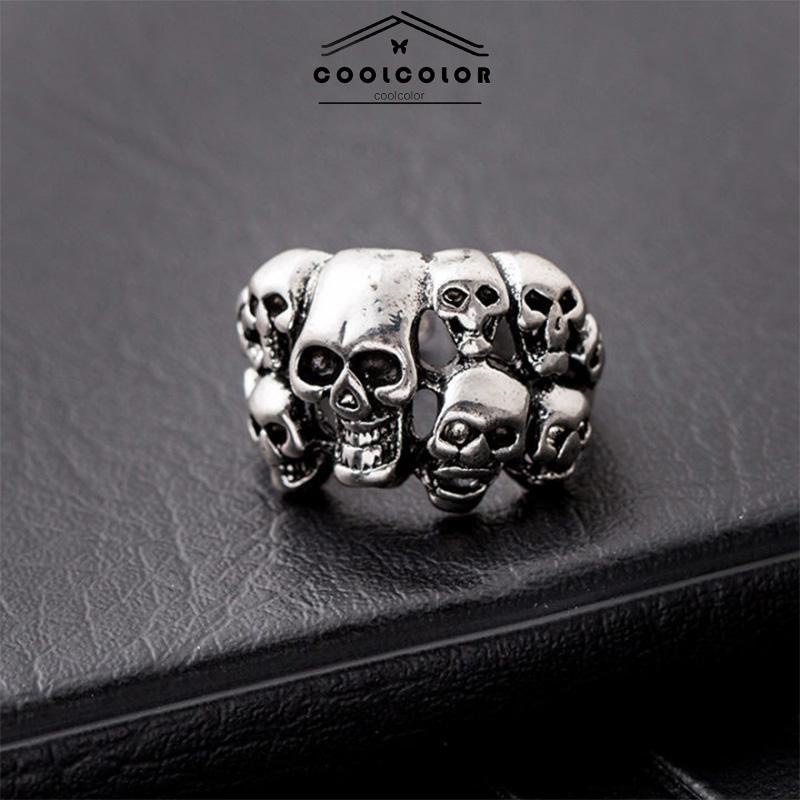 COD❤️Cincin Motif Tengkorak Kepala Bahan Stainless Steel Gaya Retro Punk Ajustable Rock Hip Hop Fashion Untuk Pria- cl