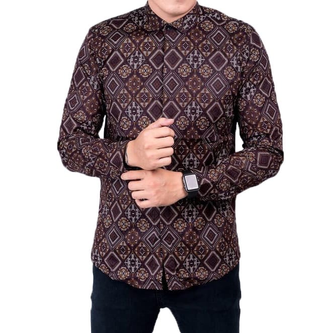 Baju Kemeja Batik Pria Lengan Panjang Model Slimfit Motif Diamond Bahan Katun Stretch