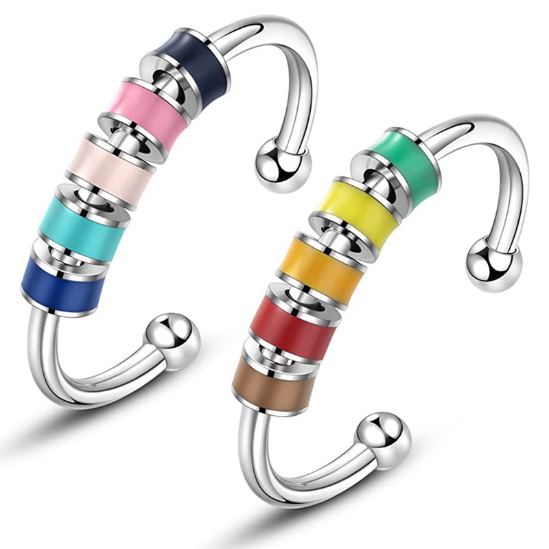 Enamel Fidget Rings For Cemas Untuk Wanita, Terbuka Adjustable Silver Stainless Steel Spinner Rings Dengan Manik-Manik Warna Relief Untuk Putriku Rings