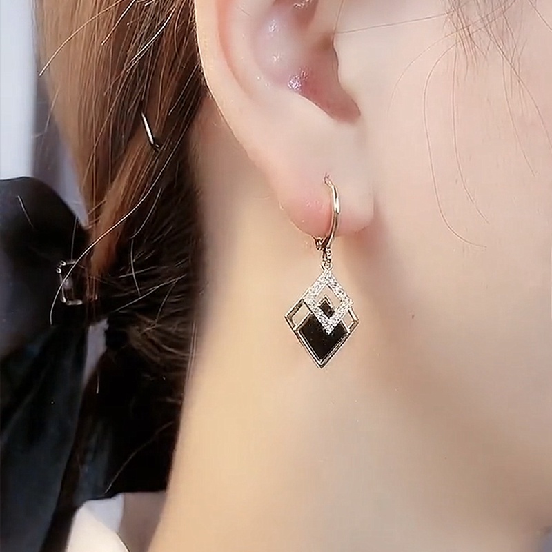 【Bayar di tempat】Anting Berlian Imitasi Bentuk Double Diamond Warna Hitam Untuk Pernikahan