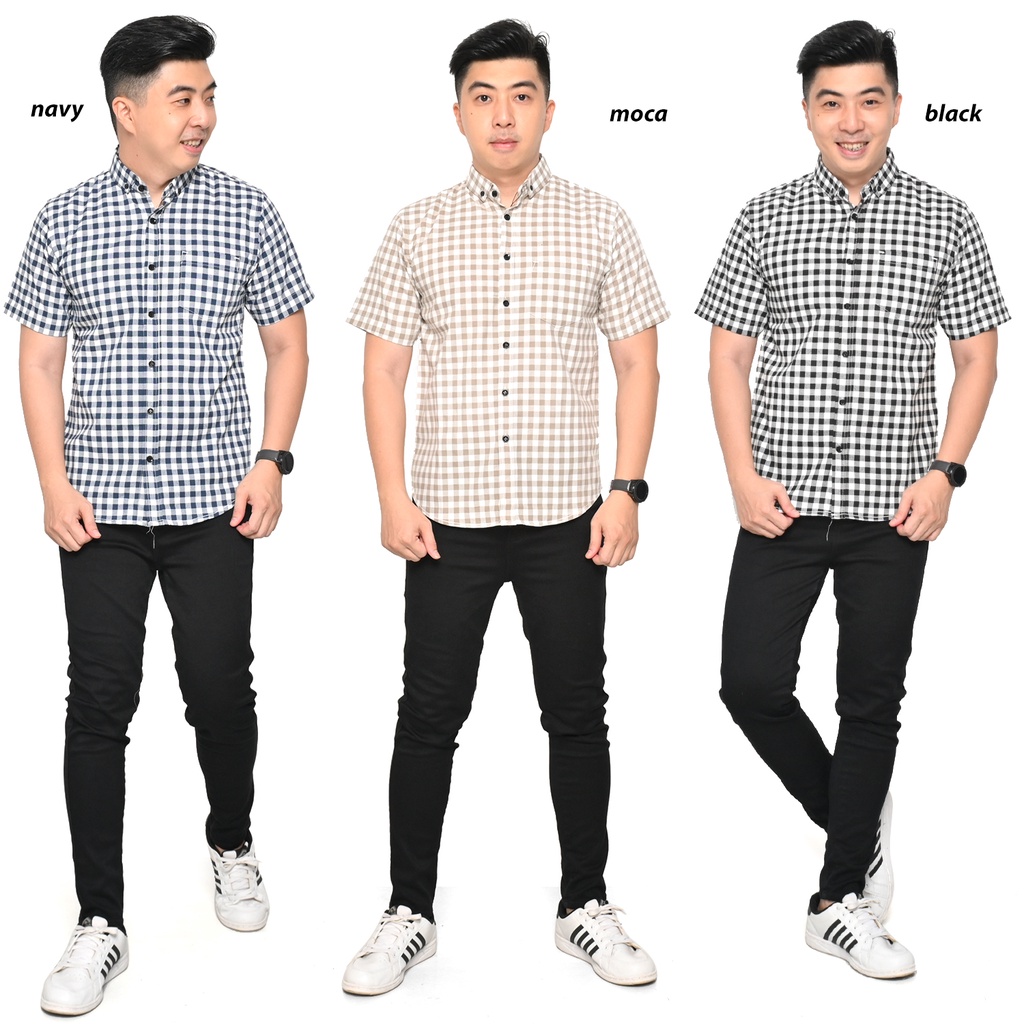 Kemeja kotak kotak pria cowok lengan pendek warna hitam putih biru navy coklat ukuran M-XL murah bag