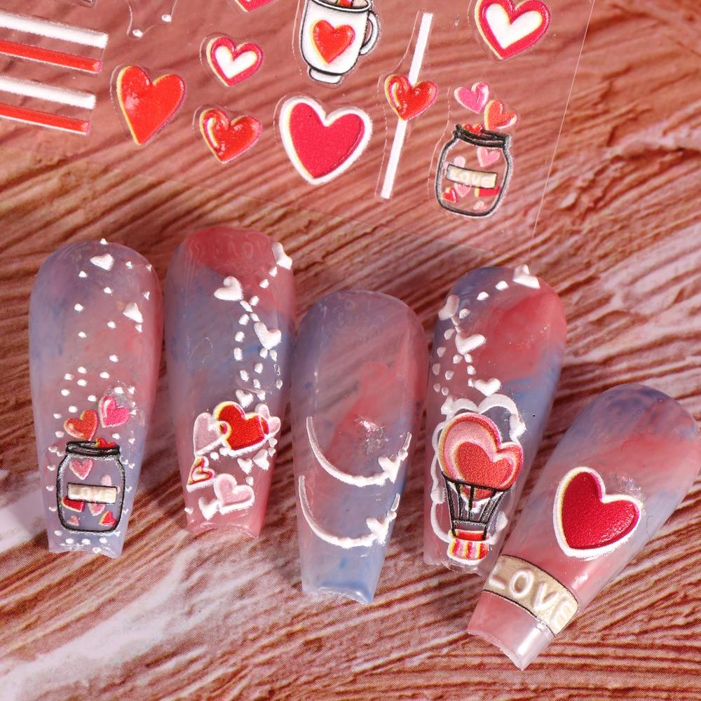 Agustinina Stiker Kuku Hati Fashion Valentine Day Nail Art 5D Relief Self Adhesive Nail Art Dekorasi