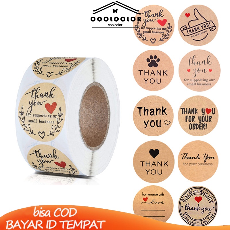 COD⭐500 stickers/roll Terima Kasih Kertas Kraft Bulat Stiker Roll Stiker Cinta Amplop Dekorasi Pernikahan- cl